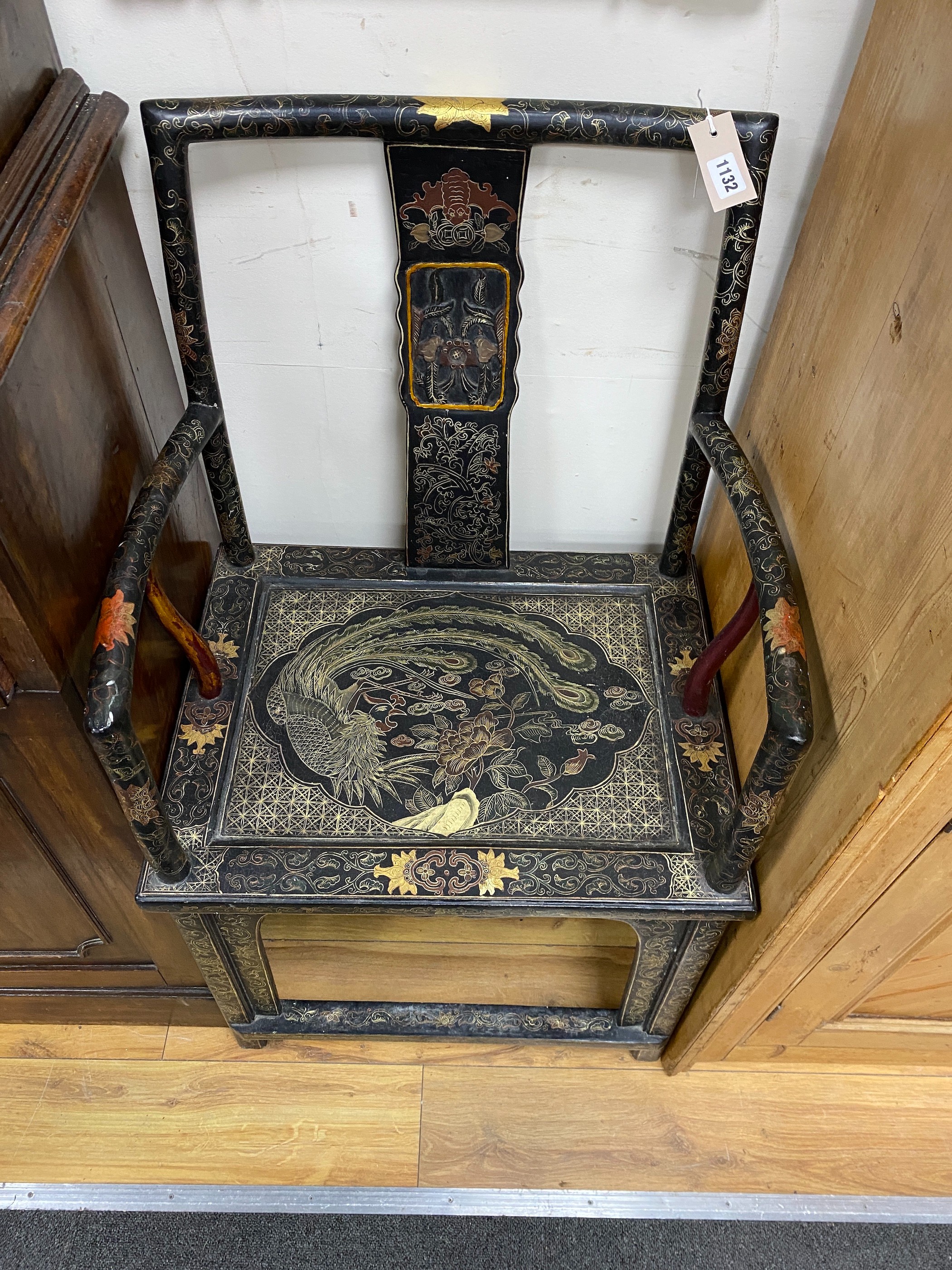 Three Chinese lacquered elbow chairs, width 56cm depth 42cm height 98cm